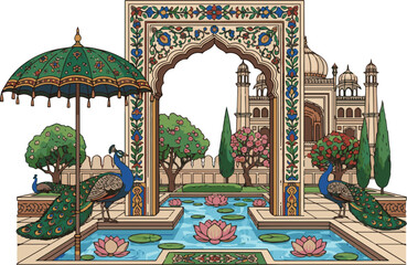 Create a Traditional Mughal decorative garden with arch, ornate parasol, peacocks, trees, lotus flowers, and palace vector art with white background..