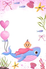 Baby Shower girl party invitations with an underwater world theme and adorable sea animals 