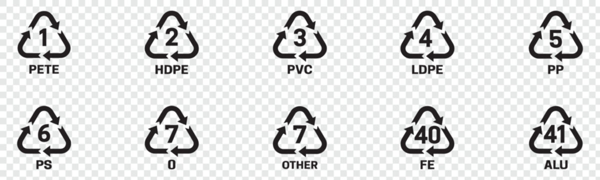 Collection of recycling codes for plastic. Set of plastic recycling codes applied to packaging. Icon of pp, pet, hdpe, code, ldpe and pvc. Triangle logos for safety and ecology. Vector illustration.