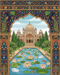 Create a Traditional Mughal decorative arch wedding frame featuring palace garden, lotus flowers, and Pichwai art illustration vector art with white background.