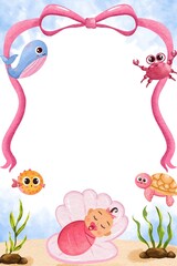 Baby Shower girl party invitations with cute sea animal frames and pink theme