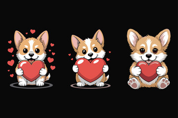 Cute corgi puppies holding red hearts puppy love