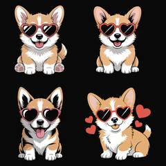 Cute corgi dogs wearing heart sunglasses puppy red hearts
