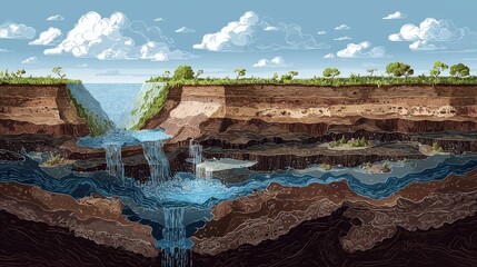 Underground cross-section illustration of a sinkhole showing soil erosion, collapsing layers, and underground water flow, educational infographic style