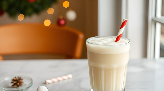an egg nog frothy drink sitting on a table