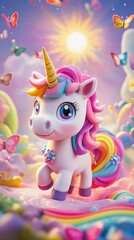 Fototapeta premium A charming unicorn figure frolics through a vibrant landscape filled with butterflies and rainbows, evoking a sense of joy and enchantment. Perfect for whimsical themes.