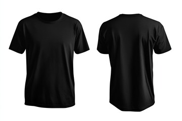 Naklejka premium Simple black short sleeved t-shirt shown in a front and back view on a plain white background.