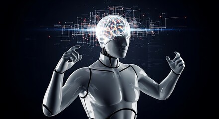 Faceless 3D Mannequin-Style Humanoid with Glowing Artificial Intelligence Brain – Digital Technology, Innovation Concept Illustration, AI, Futuristic and Smart Systems