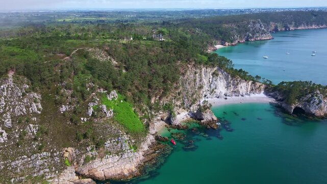 Aerial view of Virgin Island Beach on the Crozon Peninsula, France. Drone ascending
