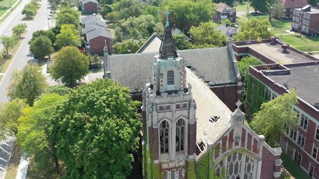 Aerial View of an Abandoned Church in Detroit Michigan