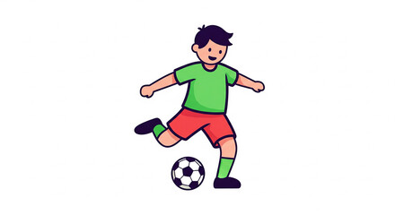 Vector image of a boy's activity in a flat 2D style, plain white background, playing soccer with a green shirt and red pants