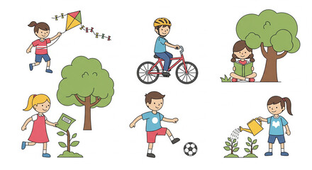 Vector image of children's activities in 2D flat style, plain white background