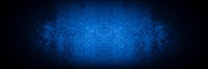 Old wall pattern texture cement blue dark abstract  blue color design are light with black gradient background.