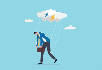Having bad day, disappointed work, discourage or depression, failure feeling bad or difficulty, having problem and trouble concept, depressed wet businessman walking in raining thunderstorm.