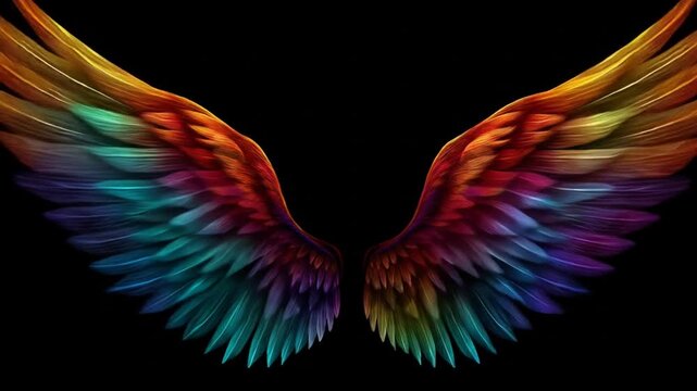 Two iridescent wings on black, gradienting through colors of orange, blue, and purple