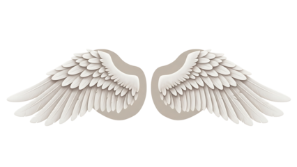 Pair of detailed, stylized angel wings, light beige/white, spread wide