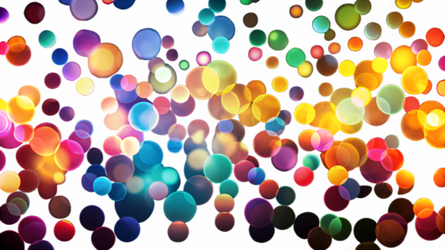 A vibrant and colorful array of translucent spheres creates a mesmerizing bokeh effect, with a playful dance of light and shadow on a clean transparent background