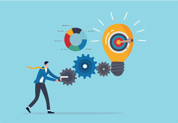 Project initiation or project management, research or implement business idea to see result, effort to develop idea and business goal concept, businessman turn cog wheels to light up lightbulb idea.