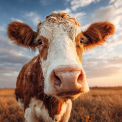 Brown and white cow standing in a grassy field under a blue sky with scattered clouds during sunset, showcasing a rural landscape filled with natural beauty.