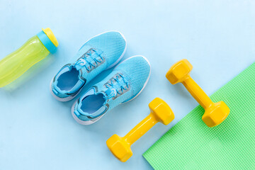 Fitness sports equipment flat lay. Healthy living and wellness concept