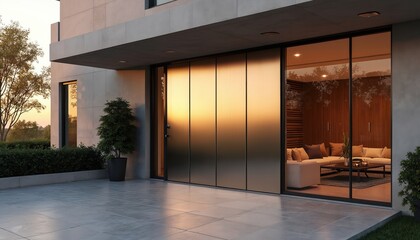 Wide pivot entrance door made of brushed aluminum, glass. Soft light, golden hour. Clean lines, bold frame. Modern house exterior. Customizable, scalable, tactile, atmospheric texture for posters,