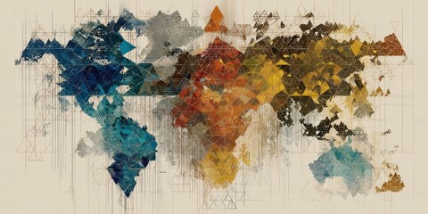 Global mosaic: A vibrant, artistic representation of the world map, intricately pieced together with colorful geometric shapes and textures, symbolizing global unity and interconnectedness.