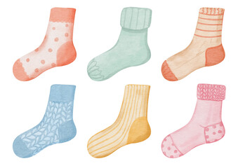 Watercolor socks set, hand drawn cozy knitted warm socks illustration with transparent background
