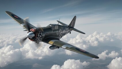 Iconic warbird aircraft soaring through dramatic skies with powerful engine and vintage markings, embodying aviation history and aerial combat