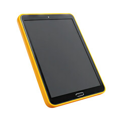 Orange-cased tablet, angled, black screen