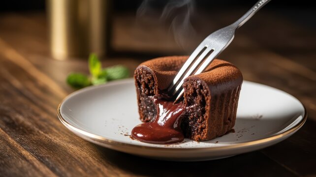 Decadent chocolate lava cake melting with steam on a rustic plate  