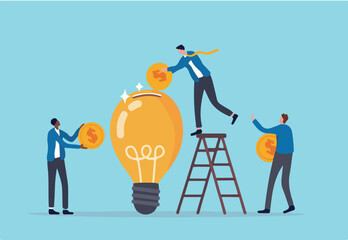 Fundraising idea, funding new innovative project, donation, investing or VC venture capital to support startup idea concept, business people donate or contribute fund raiser new lightbulb project.