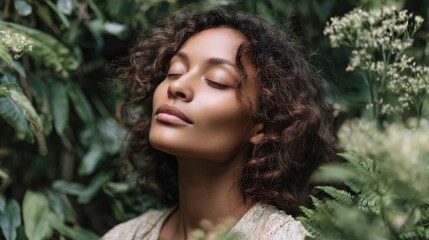 Naklejka premium Tranquil young african female enjoying nature among lush greenery
