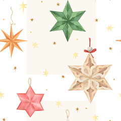 Obraz premium Seamless watercolor pattern with decorative Christmas paper stars. Festive hand drawn texture with winter holiday mood, handmade craft, seasonal design for textile, wrapping and greeting cards.