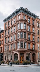Obraz premium Historic urban brick building with large windows and cast-iron details on a cloudy day