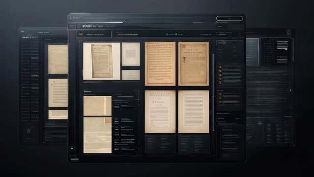 Digital archive displays ancient manuscripts and historical documents on futuristic interface, showcasing research and discovery