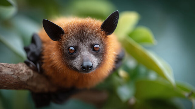 Intimate portrait of a cute, captivating bat clinging to a branch, looking directly at the viewer. Evokes wonder and curiosity. Perfect for conservation, nature, or wildlife.