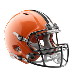 Fototapeta premium Orange american football helmet with black and white stripe and face mask