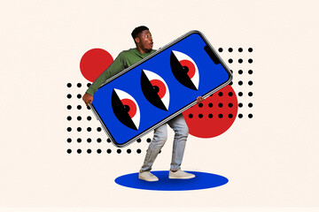 Sketch template design 3D collage composite of young man stand hand hold smartphone eyes watch vision spy hacking see cyber security