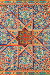 wooden ceiling in park "Navruz" in Tashkent, national ornaments from Uzbekistan, mosaic red, green and orange asian background, 13th of May, 2025