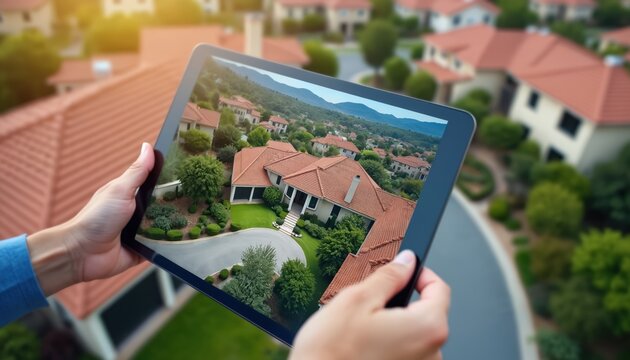 Hands hold tablet displaying house in suburban neighborhood. Real estate market analysis data on screen. Investment property, mortgage loans, home value trends, property management concept. - Powered by Adobe