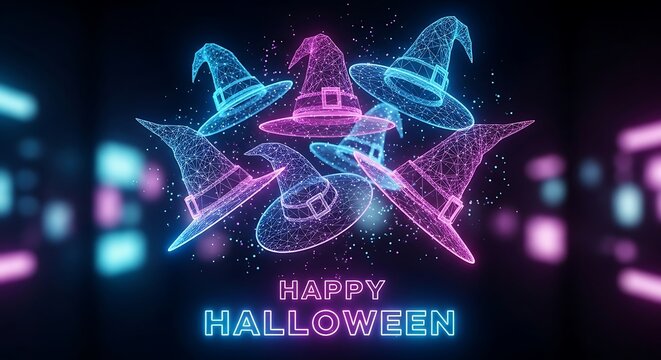 A collection of witch hats in neon colors for a happy halloween