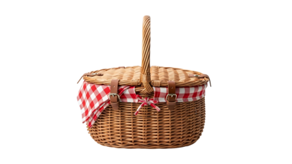 Oval wicker picnic basket with red and white checkered cloth