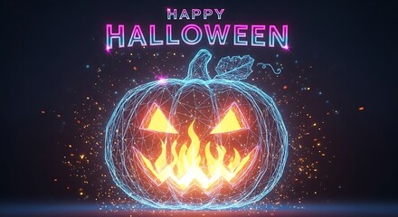 A glowing halloween pumpkin with happy halloween text on a black background