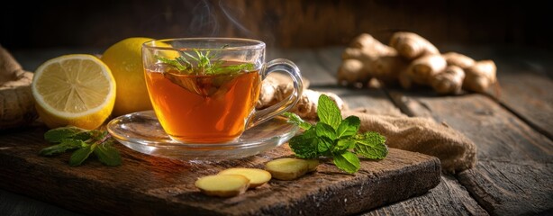 The steaming cup of ginger tea with lemon and fresh mint leaves.