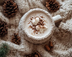 Cozy winter sweater laid flat with pinecones and hot cocoa, soft overhead lighting 
