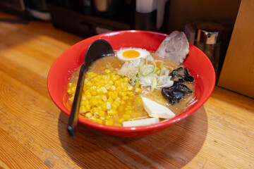 miso ramen with corn, butter, black fungus, soy egg and a slice of pork