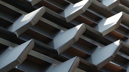 Modern architectural facade with geometric metal panels creating dynamic pattern and shadows. design showcases contemporary style and innovative use of materials, emphasizing texture and form