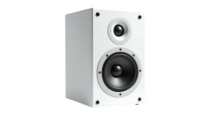 Obraz premium White rectangular bookshelf speaker with a woofer and tweeter, angled slightly