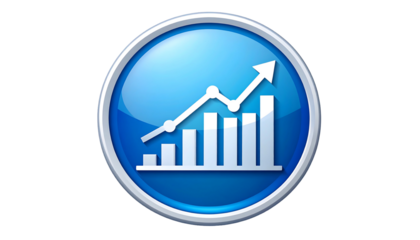Glossy blue circular button featuring a rising bar graph and upward trending line, symbolizing growth and progress
