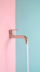 Modern faucet with water stream on colored background